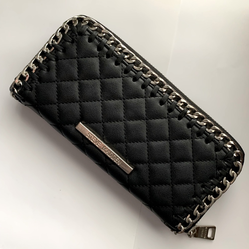 Steve Madden Wallet, Faux Leather, Silver Chain Detailing, Black, 8 X 4 Inches